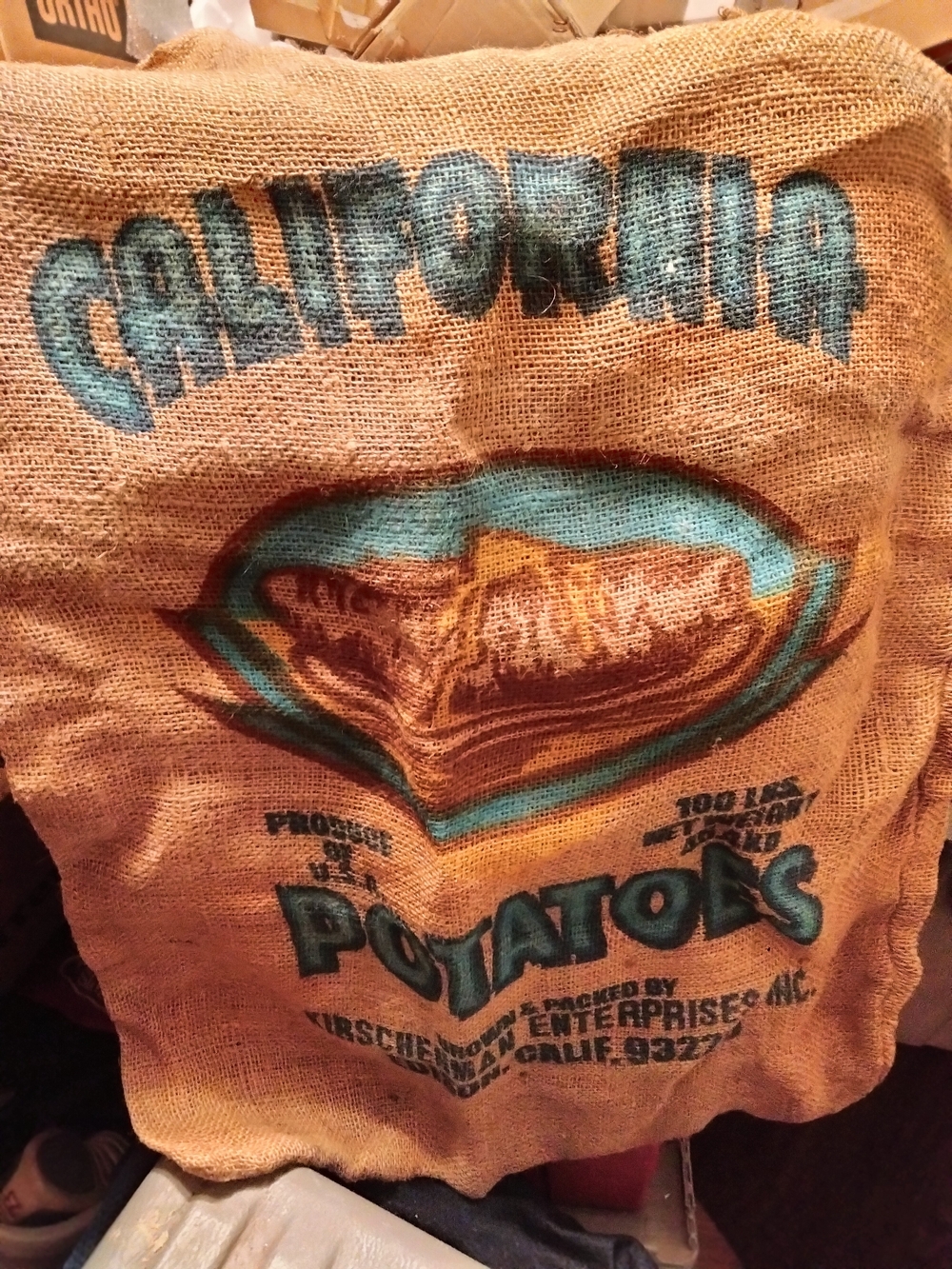 California Potatoes Burlap Sack with Teal & Brown Graphic
